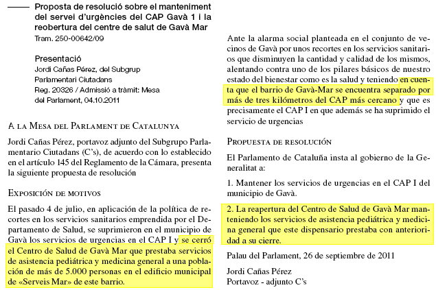 Propuesta de resolucin presentada por C's en el Parlamento de Catalunya para que se reabra el dispensario mdico de Gav Mar (26 Septiembre 2011)